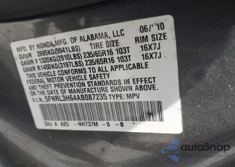 2010 Honda Odyssey Ex-L z USA, uszkodzony, nr VIN 5FNRL3H64AB087235
